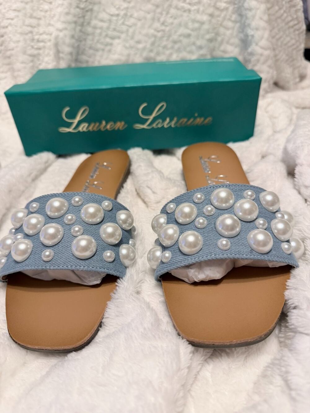 Lauren Lorraine Nilo Flats Sandals Womens Size 7 Blue Denim with Pearls